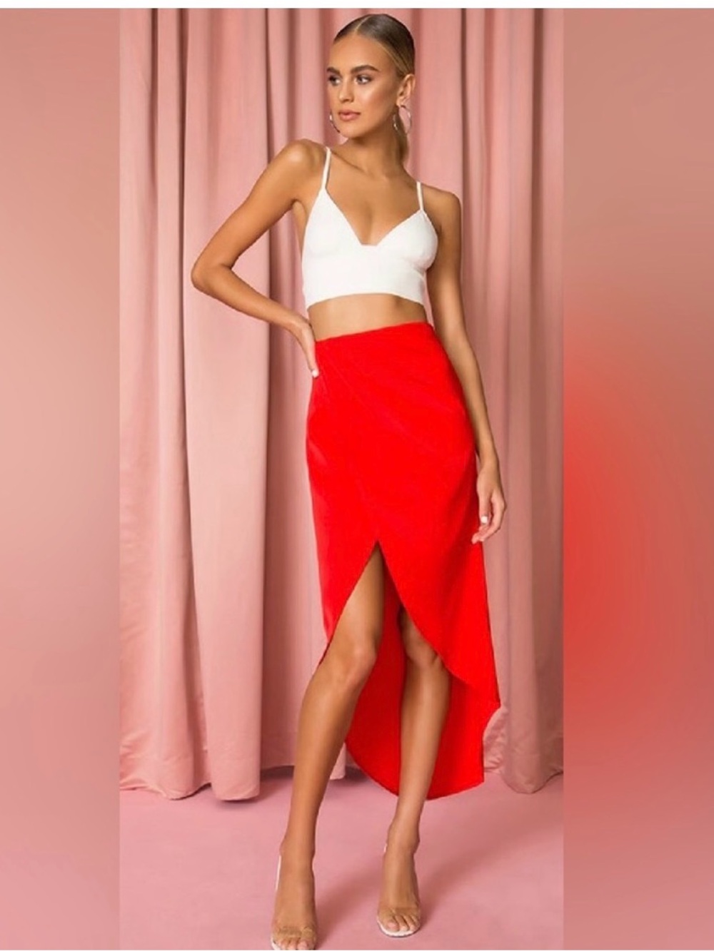 superdown Red High-Low Wrap Maxi Skirt